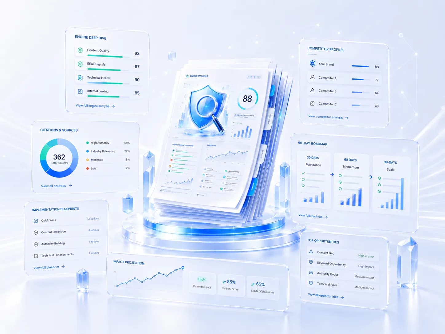 AIO Score Studio Pro consulting report visual with engine deep dives, citations, competitor profiles, implementation blueprints and roadmap.